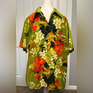 Vintage 70s Sears Hawaiian Green Floral Button Up Shirt Men's Sz L est Honolulu